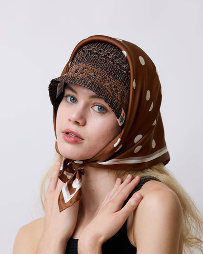 "Retro Polka" Silk Bandana Scarf - Cafe Au Lait